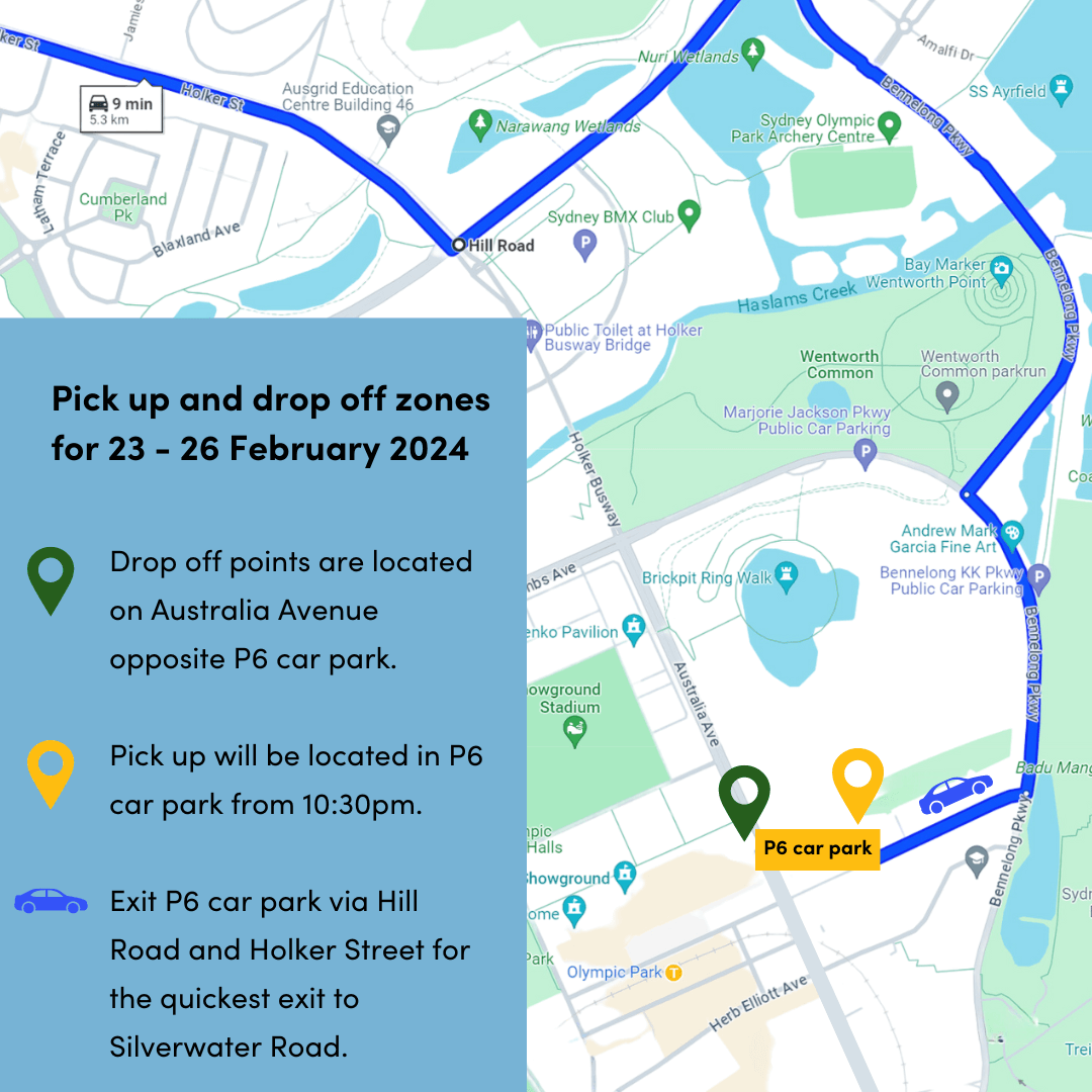 Pick up and drop off zones - 23-26 Feb 2024