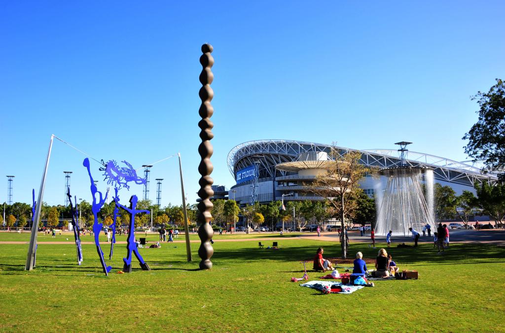 Cathy Freeman Park with view of artworks cauldron and stadium