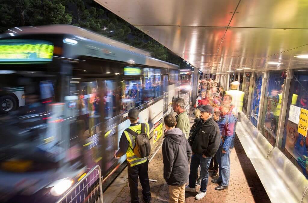 Image of an organised line for a bus in Sydney Olympic Park 
